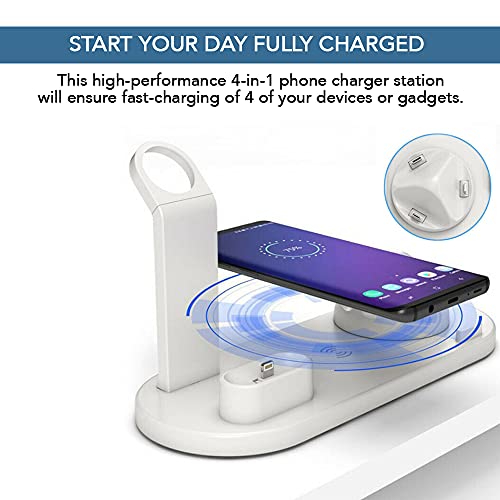 4-in-1 Fast 15W Apple Charging Station for Multiple Devices - Wireless Charging + Plug for iPhone 14/13/12/11/x/8 + Airpods Pro 2/Pro/2/1 + Apple Watch Stand SE/7/6.+ Samsung/Android Type-C/USB