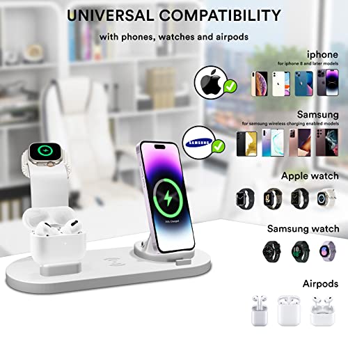 4-in-1 Fast 15W Apple Charging Station for Multiple Devices - Wireless Charging + Plug for iPhone 14/13/12/11/x/8 + Airpods Pro 2/Pro/2/1 + Apple Watch Stand SE/7/6.+ Samsung/Android Type-C/USB