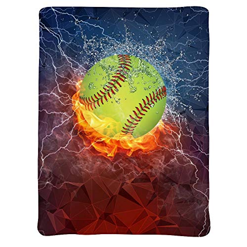 JASMODER Throw Blanket Softball On Fire and Water Soft Microfiber Lightweight Cozy Warm Blankets for Couch Bedroom Living Room