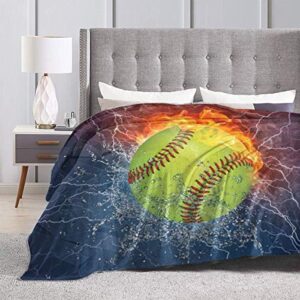 JASMODER Throw Blanket Softball On Fire and Water Soft Microfiber Lightweight Cozy Warm Blankets for Couch Bedroom Living Room