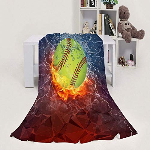 JASMODER Throw Blanket Softball On Fire and Water Soft Microfiber Lightweight Cozy Warm Blankets for Couch Bedroom Living Room