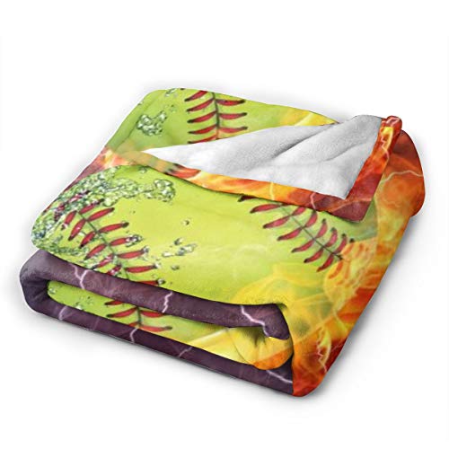 JASMODER Throw Blanket Softball On Fire and Water Soft Microfiber Lightweight Cozy Warm Blankets for Couch Bedroom Living Room