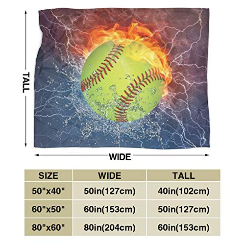 JASMODER Throw Blanket Softball On Fire and Water Soft Microfiber Lightweight Cozy Warm Blankets for Couch Bedroom Living Room