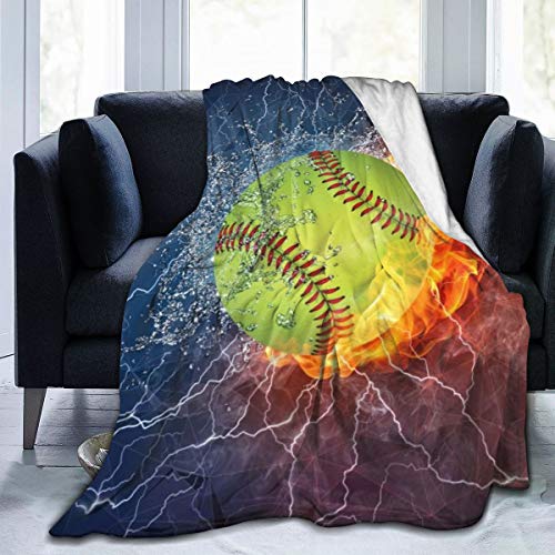 JASMODER Throw Blanket Softball On Fire and Water Soft Microfiber Lightweight Cozy Warm Blankets for Couch Bedroom Living Room