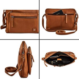 Wise Owl Accessories Small Soft Pebbled Real Leather Crossbody Handbags & Purses - Triple Zip Premium Sling Crossover Shoulder Bag for Women (Cognac Nappa)