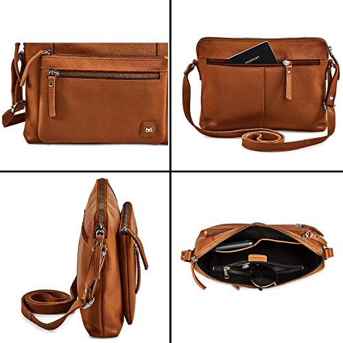 Wise Owl Accessories Small Soft Pebbled Real Leather Crossbody Handbags & Purses - Triple Zip Premium Sling Crossover Shoulder Bag for Women (Cognac Nappa)