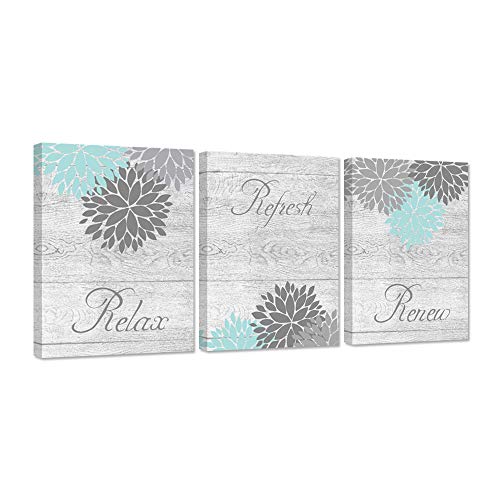 Zlove 3 Pieces Floral Bathroom Wall Art Prints Dahlia Flowers Relax Refresh Renew Signs Blue Grey Artwork Stretched and Framed for Bedroom Living Room Ready to Hang 12x16inchx3pcs