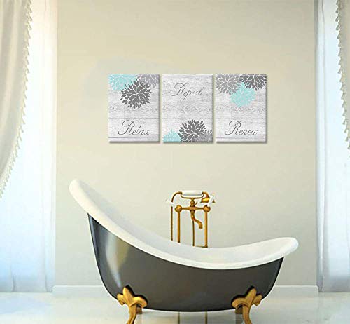 Zlove 3 Pieces Floral Bathroom Wall Art Prints Dahlia Flowers Relax Refresh Renew Signs Blue Grey Artwork Stretched and Framed for Bedroom Living Room Ready to Hang 12x16inchx3pcs