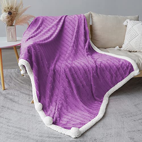 Exclusivo Mezcla Tassel Fleece Throw Blanket for Couch, Sofa, Bed, Soft Wrap Poncho Blanket, Lightweight and Warm (50x70 Inches, Purple)