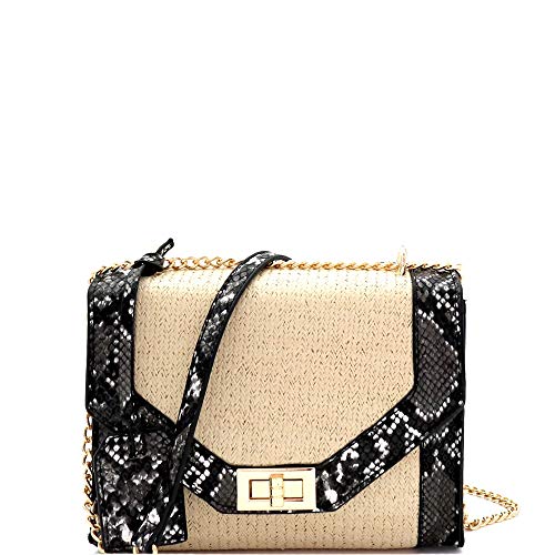 Small Medium Straw Boho Bali Beach Rattan Clutch Satchel Crossbody Bag Purse (Small Snake Print Trim Crossbody - Black Snake)