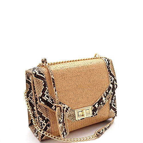 Small Medium Straw Boho Bali Beach Rattan Clutch Satchel Crossbody Bag Purse (Small Snake Print Trim Crossbody - Black Snake)