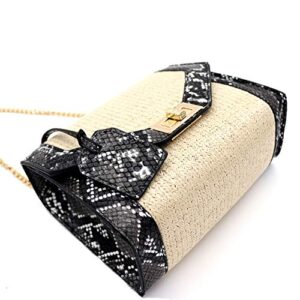 Small Medium Straw Boho Bali Beach Rattan Clutch Satchel Crossbody Bag Purse (Small Snake Print Trim Crossbody - Black Snake)