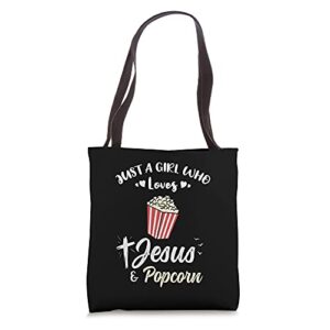 just a girl who loves jesus and popcorn tote bag
