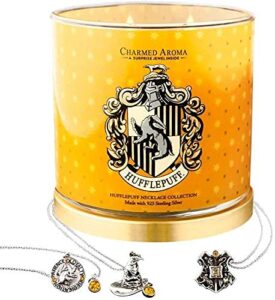 charmed aroma harry potter scented candle, hufflepuff hogwarts house, jar candle with surprise necklace inside, jewelry candle for women, home décor accessories gift
