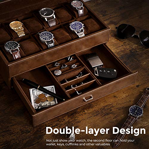 BEWISHOME Watch Box for Men Luxury Watch Organizer Faux Leather Watch Case with Jewelry Drawer, Real Glass Top, Metal Hinge, Brown SSH12Z