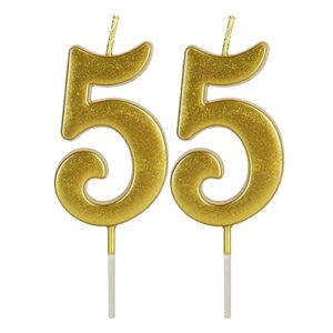 55th birthday candles for cake topper, number 55 5 glitter premium candle party anniversary celebration decoration for kids women or men, gold