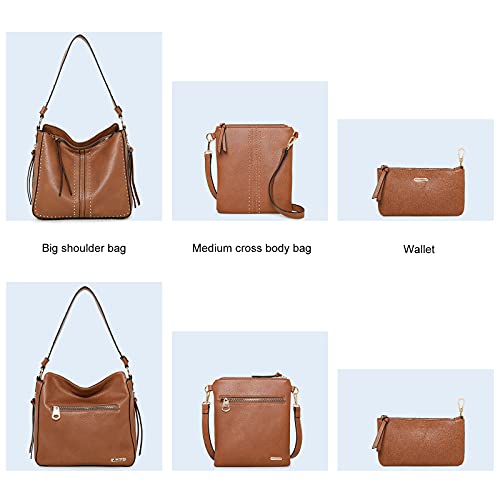 Montana West 3 PCS Set Hobo Purses for Women Large Crossbody Bags Leather Women's Shoulder Handbags Brown MWC-1001S-3BR