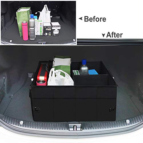 MORROLS Car Trunk Organizer - Trunk Storage Organizer Collapsible 3-Compartments with Aluminium Alloy Handle and Adjustable Securing Straps (Black)