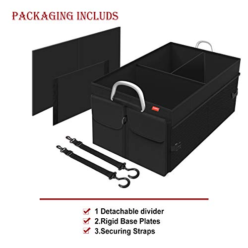 MORROLS Car Trunk Organizer - Trunk Storage Organizer Collapsible 3-Compartments with Aluminium Alloy Handle and Adjustable Securing Straps (Black)