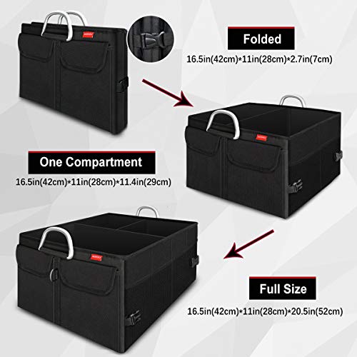 MORROLS Car Trunk Organizer - Trunk Storage Organizer Collapsible 3-Compartments with Aluminium Alloy Handle and Adjustable Securing Straps (Black)