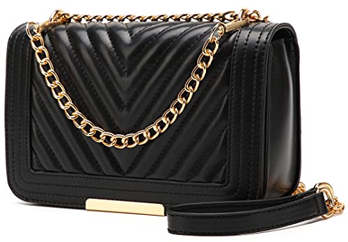 lola mae Crossbody Bags for Women Fashion Quilted Shoulder purse with Convertible Chain Strap Classic Satchel Handbag (Black-LM715)