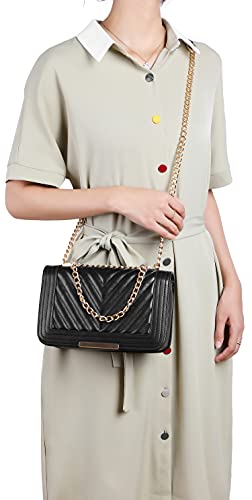 lola mae Crossbody Bags for Women Fashion Quilted Shoulder purse with Convertible Chain Strap Classic Satchel Handbag (Black-LM715)