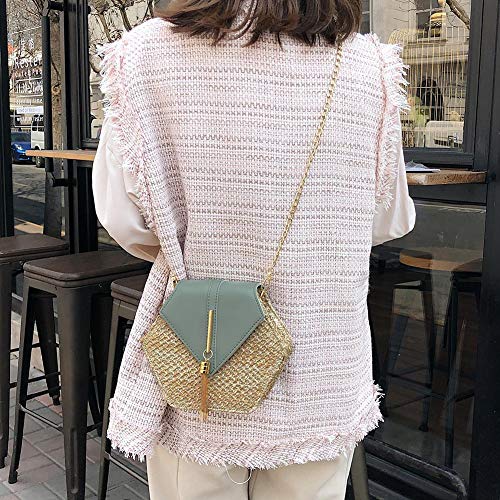 Straw Handbag Crossbody Bag Hexagon Straw+Leather Woven Beach Shoulder Bag