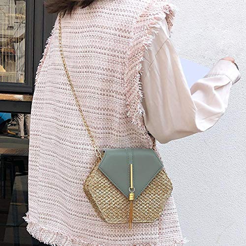 Straw Handbag Crossbody Bag Hexagon Straw+Leather Woven Beach Shoulder Bag