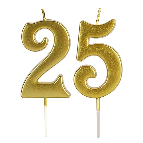 Gold 25th & 52nd Number Birthday Candles for Cake Topper, Number 52 25 Glitter Premium Candle Party Anniversary Celebration Decoration for Kids Women or Men