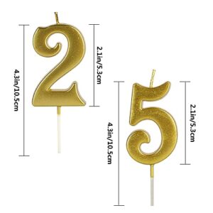 Gold 25th & 52nd Number Birthday Candles for Cake Topper, Number 52 25 Glitter Premium Candle Party Anniversary Celebration Decoration for Kids Women or Men