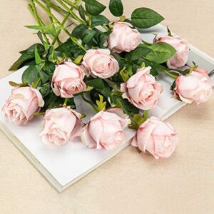 Flojery 10pcs Artificial Rose Flowers Long Stem Fake Silk Roses for DIY Wedding Bouquet Table Centerpiece Home Decor (Light Pink)