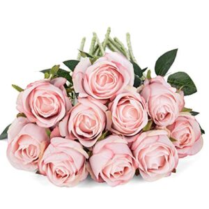 Flojery 10pcs Artificial Rose Flowers Long Stem Fake Silk Roses for DIY Wedding Bouquet Table Centerpiece Home Decor (Light Pink)