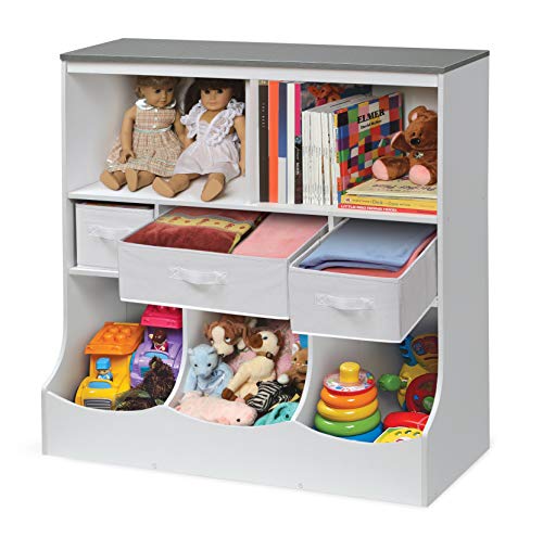 Badger Basket Combo Bin Toy Storage Unit and Book Shelf for Kids with 3 Baskets - White/Gray