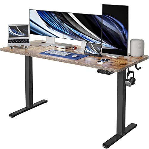 FEZIBO Height Adjustable Electric Standing Desk, 63 x 24 Inches Stand up Table, Sit Stand Home Office Desk with Splice Board, Black Frame/Rustic Brown Top