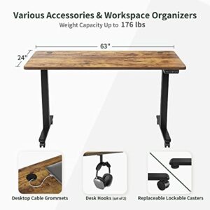 FEZIBO Height Adjustable Electric Standing Desk, 63 x 24 Inches Stand up Table, Sit Stand Home Office Desk with Splice Board, Black Frame/Rustic Brown Top