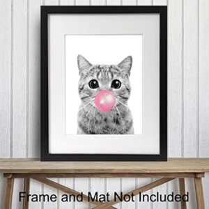 Cat Wall Decor - Tabby Cat - Cute Cat Wall Art - Room Decoration for Girls Bedroom, Kids Room, Living Room, Nursery - Cat Lover Gifts for Women - Adorable Pink Girly Kitty, Pussycat, Kitten Print