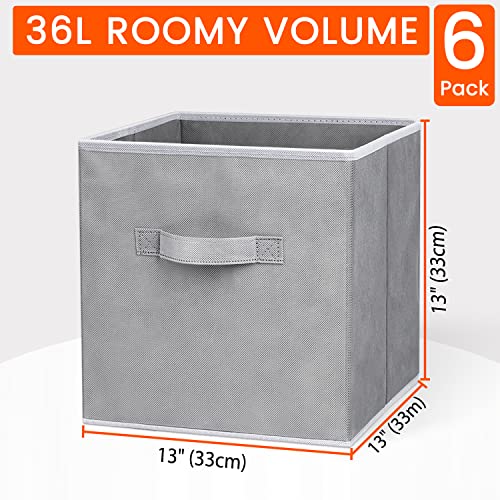 Storage Cubes, 13x13 Cube Storage Bins (6 Pack), Foldable Fabric Storage Cube Basket Bins wiht Dual Handles, Collapsible Storage Bins for Clothes, Toys, Closet, Shelves (Grey)