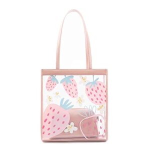 women pvc cute prints shopping tote clear transparent shoulder bags with double handle (pink)