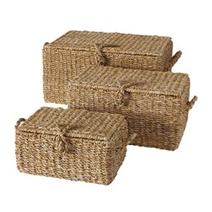 cape cod wicker trunks, set of 3, chunky weave, woven seagrass, carry handles, attached lid with loop over closure, storage and blanket chests, 19.75 inches, 15.75 inches, and 11.75 inches