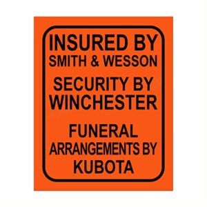 “insured by smith & wesson”-funny pro guns wall art -8 x 10″ modern gun sign replica print-ready to frame. perfect home-office-hunting lodge-gun shop decor. great gift for s&w-winchester-kubota fans!