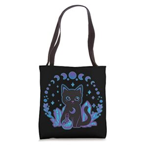 cute witchy black cat crystal alchemy kawaii pastel goth tote bag