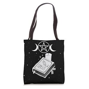 witch’s triple moon pentacle pagan spellbook tote bag