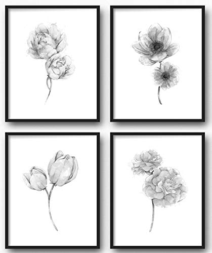 Brooke & Vine Botanical Prints Wall Art - (UNFRAMED 8 x 10) Minimalist Black and White Boho Decor, Bohemian Living Room Bedroom Bathroom Entry Way Office (Black and White Florals)