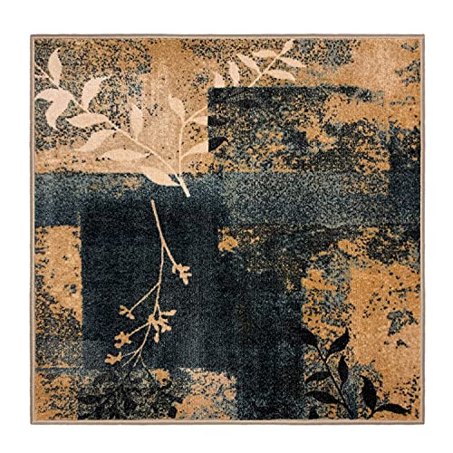 House, Home and More Skid-Resistant Carpet Indoor Area Rug Floor Mat – Distressed Leaves – Faded Blue & Beige – 3 Feet X 3 Feet