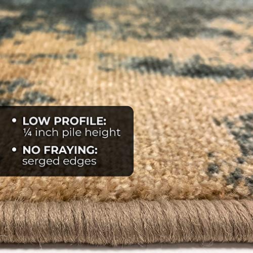 House, Home and More Skid-Resistant Carpet Indoor Area Rug Floor Mat – Distressed Leaves – Faded Blue & Beige – 3 Feet X 3 Feet