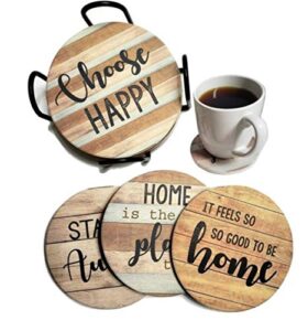 panchh rustic farmhouse stone & cork coasters for drinks, absorbent – set of 6 coasters with holder – best housewarming gifts for new home ideas – cute kitchen and coffee table décor & accessories