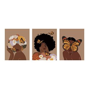 muelosy african american woman art, fashion art, woman fashion portrait, black girl wall art, black woman with butterfly with flower wall art cavans décor,12x16in set of 3 (frameless canvas)