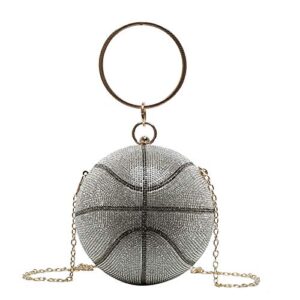 women rhinestones handbag basketball shape round clutch bag gold bling diamond clutch purse for evening party wedding (silver basketball)