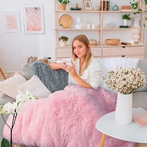 BENRON Light Pink Throw Blankets, Soft Shaggy Fuzzy Sherpa Blankets, Cute Baby Pink Blanket Throw, Cozy Fluffy Faux Fur Blankets for Bed Couch Sofa Washable, 50"x60"