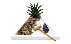nature’s mark mini zen garden kit for desk with rake, white sand, white triangle base, crystal rock, mini river rocks and air plant, (7lx6w triangle w)